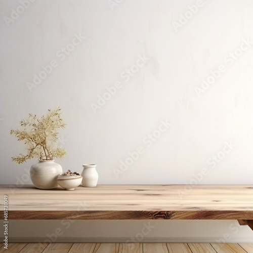 Empty wooden white table over white wall background, product display montage.