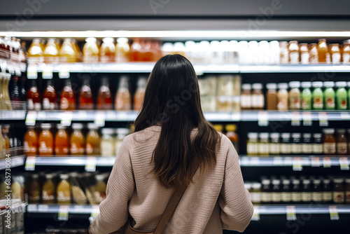 woman in a grocery store aisle, looking at shelves of juice bottles, dressed in a pink sweater, ai generative