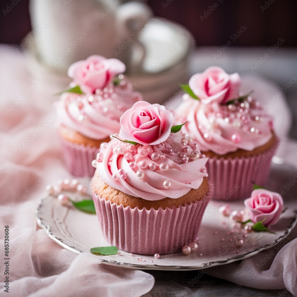 Muffins with light rose flower icing simple decoration, cupcakes.