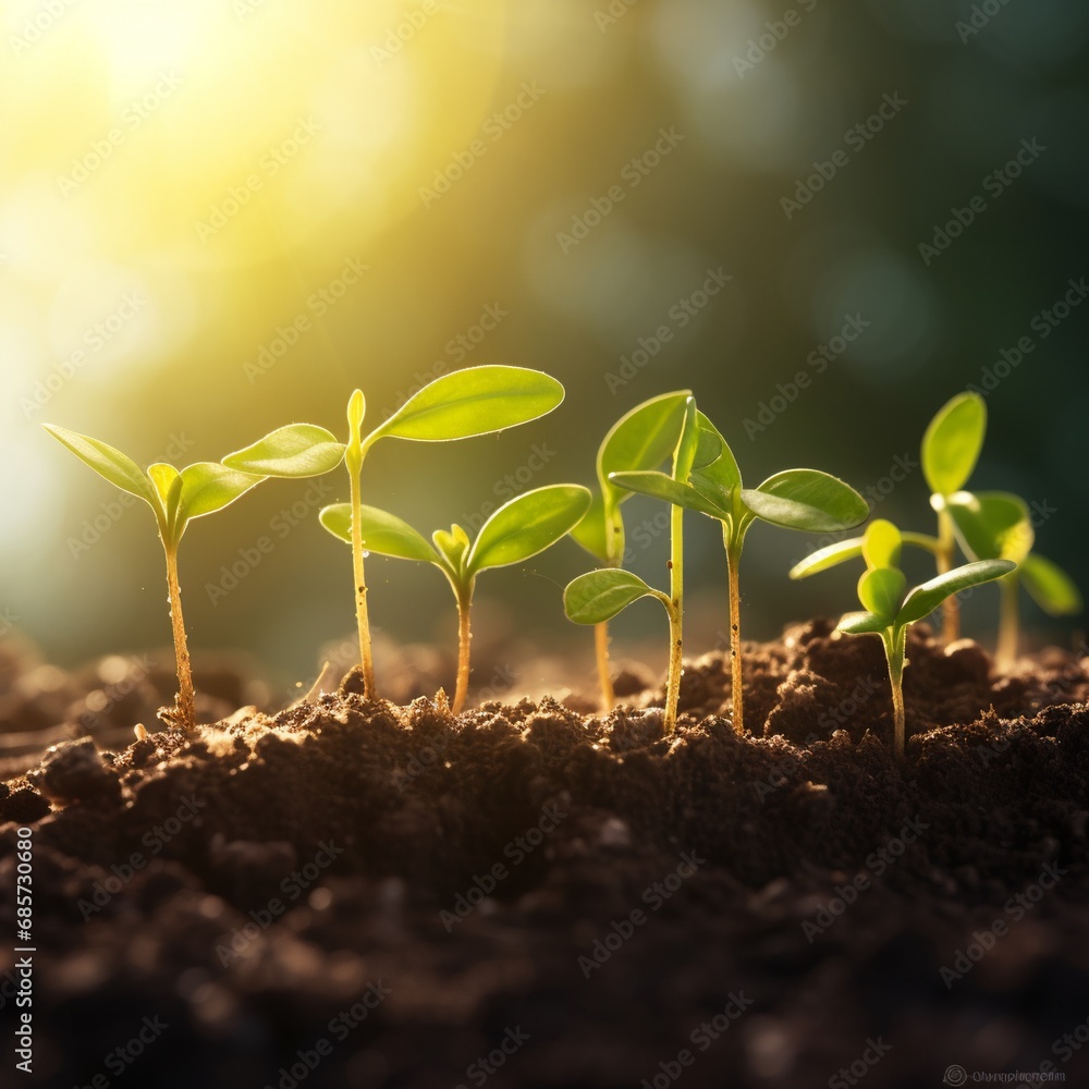 Fototapeta premium Small plants growing on soil with sunlight.