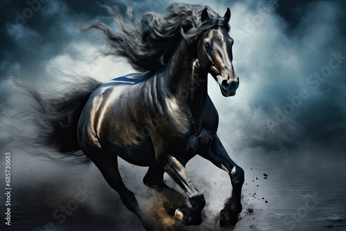 black horse galloping running. black horse running through the fog on the ground