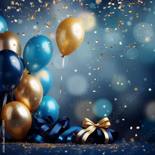Holiday background with golden and blue metallic balloons, confetti and ribbons. Festive card for birthday party, anniversary, new year, Christmas or other events.