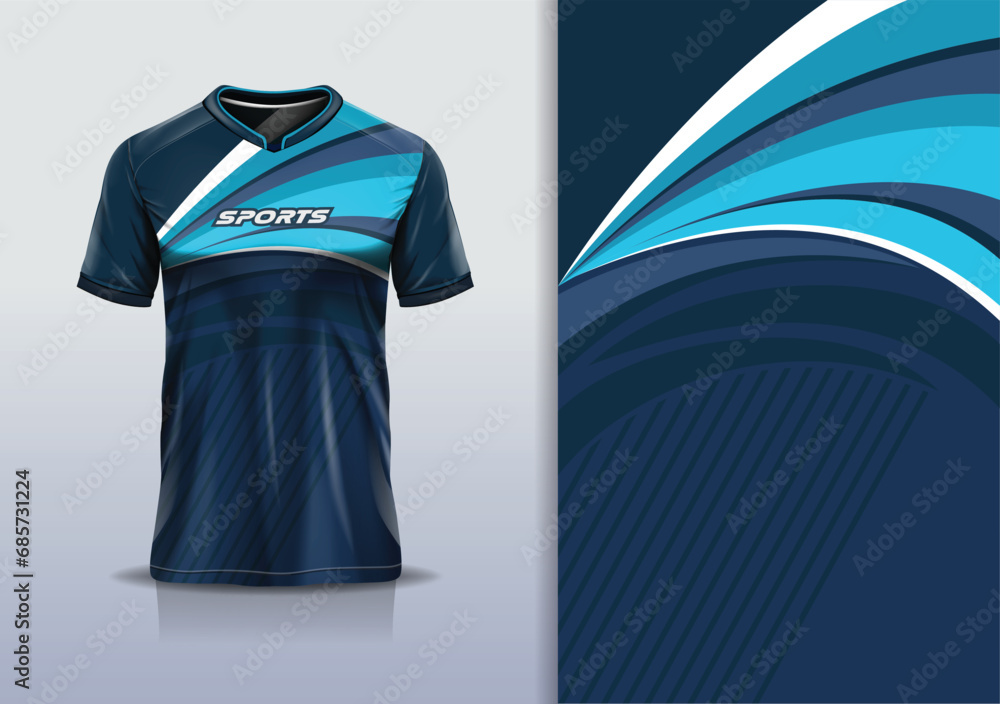 Sport jersey template mockup curve design for football soccer, racing, running, e sports, blue color - obrazy, fototapety, plakaty 