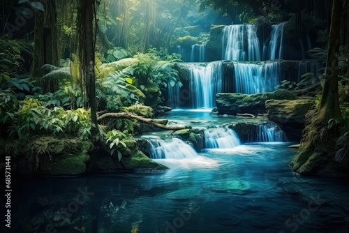 waterfalls flowing midst the jungle. cascading waterfall in the forest