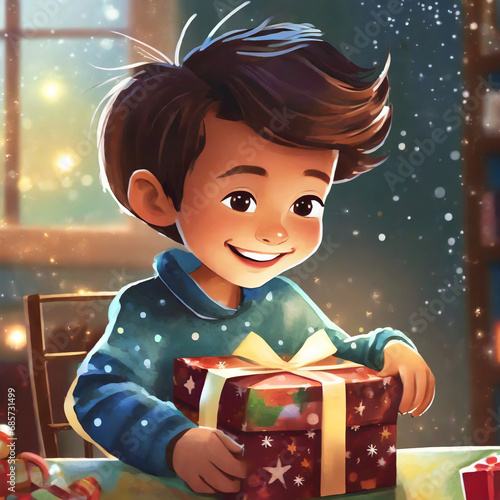 Illustration of a happy kid unwrapping a christmas gift