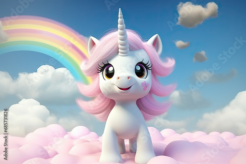 3d a little cute unicorn with wings and rainbow background