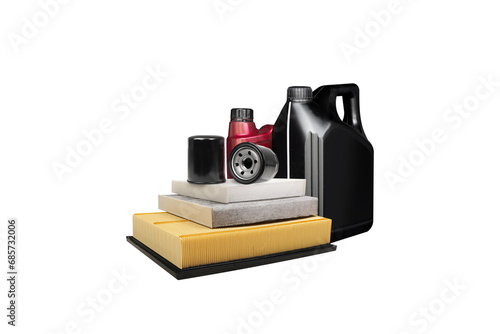 Car engine oil with oil filter and air filter isolated , Car maintenance product concept photo