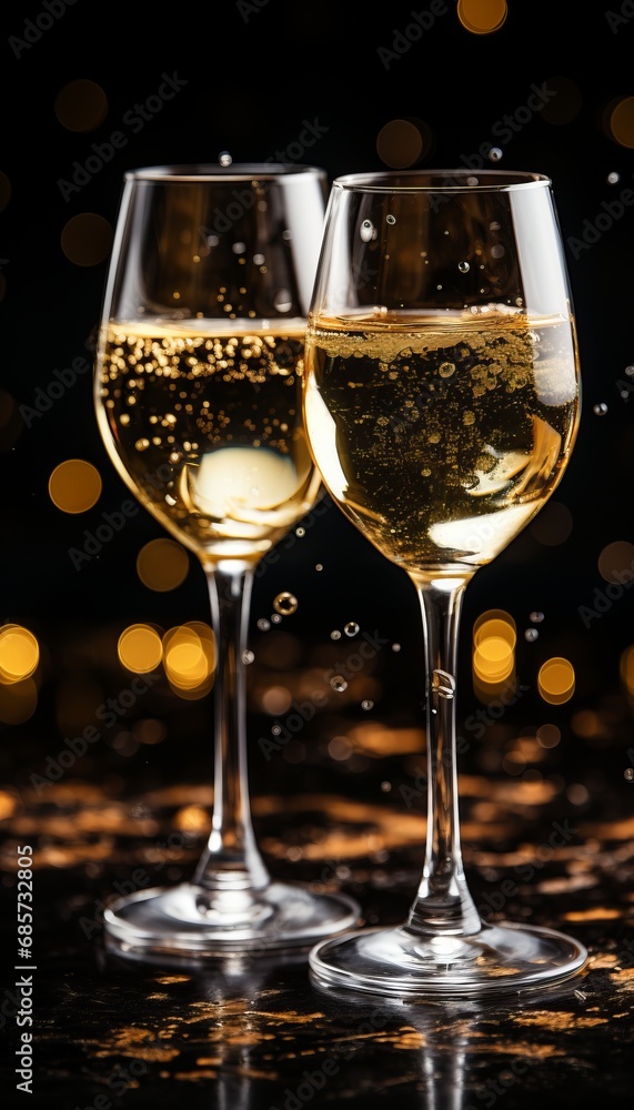 two glasses of sparkling wine are on the table two glasses of sparkling wine are on the table