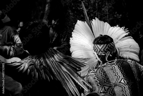 Sao Paulo, SP, Brazil - April 15 2023: Black and white photograph of the headdress of the original Brazilian people from a village in the Brazilian Amazon details.