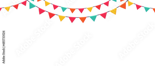 Garland of colored flags horizontal banner. Carnival garlands entertainment events. Festive vector background in flat cartoon style on a white background.
