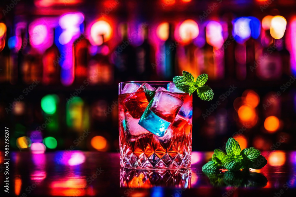 Refreshing alcoholic colorful fruit cocktails with ice, mint and berries on a bar counter, night club party with soft drinks Refreshing alcoholic colorful fruit cocktails with ice, mint and berries on a bar counter, night club party with soft drinks