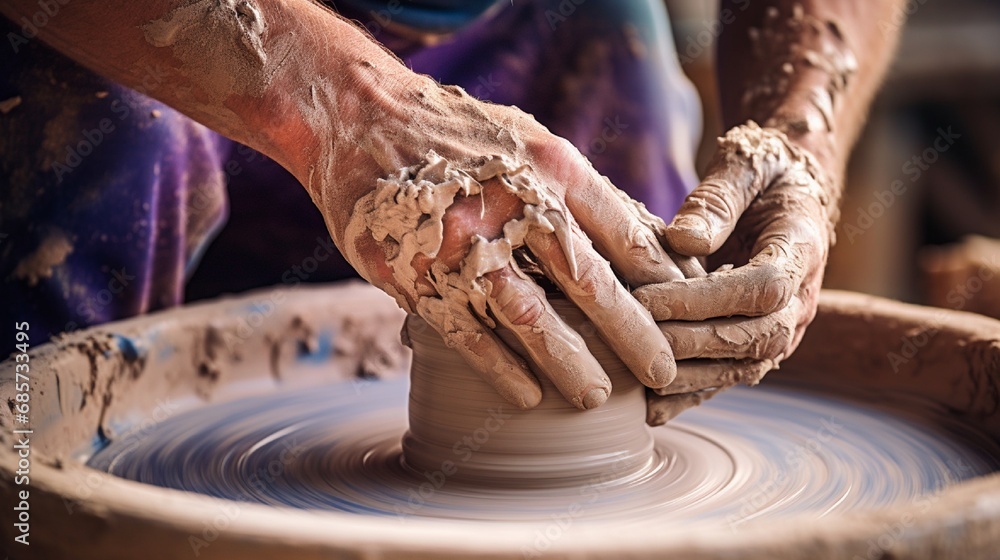 A close-up of a potter's hands shaping clay on a spinning wheel, showcasing the transformative process of turning earth into art.