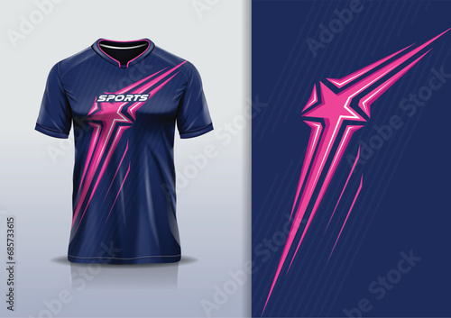 T-shirt mockup with abstract star line jersey design for football, soccer, racing, esports, running, in blue pink color