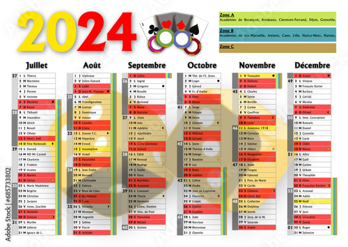 Calendrier 2024 A4 semestre 2 avec vacances scolaires, jours fériés, saints du jour, phases lunaires et numéros de semaine ambiance casino