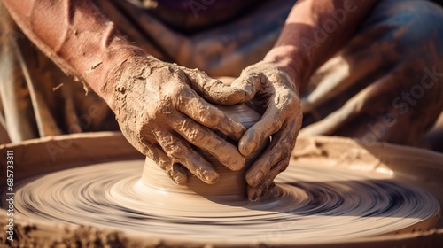 A close-up of a potter's hands shaping clay on a spinning wheel, showcasing the transformative process of turning earth into art.