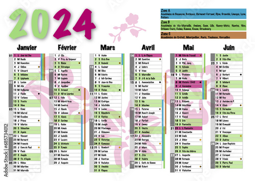 Calendrier 2024 A4 semestre 1 avec vacances scolaires, jours fériés, saints du jour, phases lunaires et numéros de semaine décor orchidées