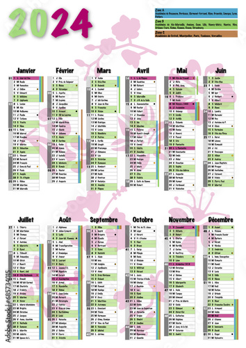 Calendrier 2024 A3 avec vacances scolaires, jours fériés, saints du jour, phases lunaires et numéros de semaine décor orchidées