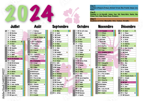 Calendrier 2024 A4 semestre 2 avec vacances scolaires, jours fériés, saints du jour, phases lunaires et numéros de semaine décor orchidées