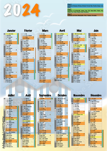 Calendrier 2024 A3 avec vacances scolaires, jours fériés, saints du jour, phases lunaires et numéros de semaine ambiance cabines de plage