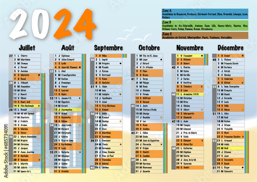 Calendrier 2024 A4 semestre 2 avec vacances scolaires, jours fériés, saints du jour, phases lunaires et numéros de semaine ambiance cabines de plage
