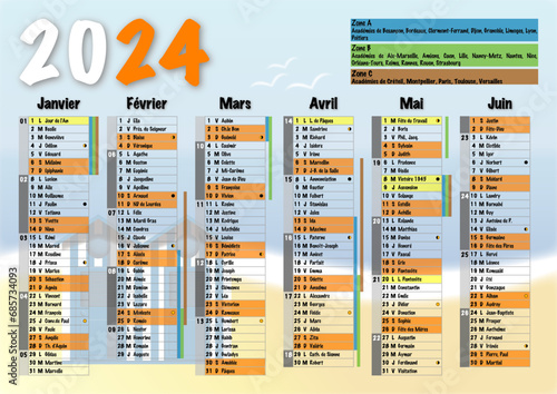 Calendrier 2024 A4 semestre 1 avec vacances scolaires, jours fériés, saints du jour, phases lunaires et numéros de semaine ambiance cabines de plage