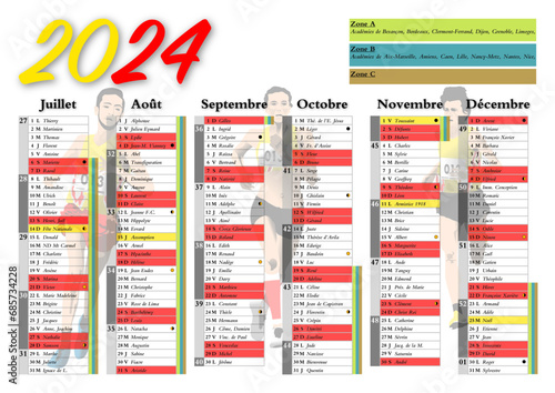 Calendrier 2024 A4 semestre 2 avec vacances scolaires, jours fériés, saints du jour, phases lunaires et numéros de semaine décor running