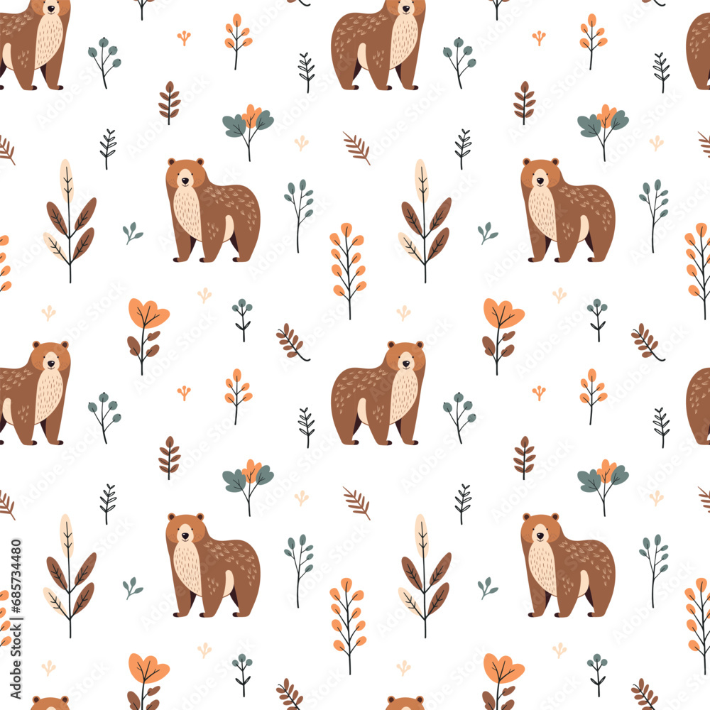 Fototapeta premium Seamless pattern with cute bear and forest elements. Vector illustration. 