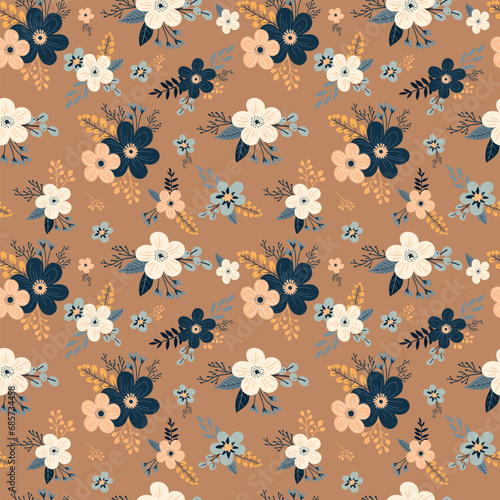 Seamless floral pattern with flowers and leaves. Vector illustration.