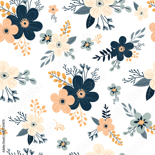 Seamless floral pattern with flowers and leaves. Vector illustration on a white background.