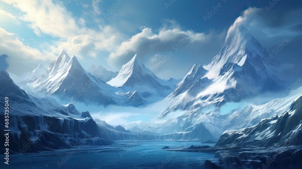 Snowy mountain range standing tall under a crisp, azure winter sky. Majestic, snow-covered peaks, winter landscape, tranquil vista, frosty scenery, serene beauty. Generated by AI.