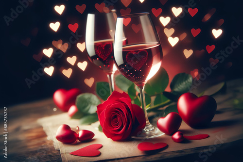 Two wine glasses with roses and candles. Blurry background with heart-shaped bokeh. Valentine's Day, anniversary, Christmas, birthday celebration concept. Happy Love