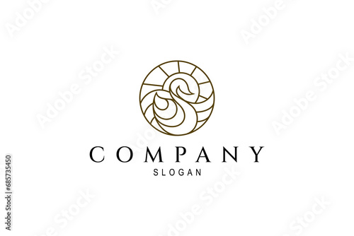 Swan bird line art logo design with combination of waves water elements and sun in a circle frame