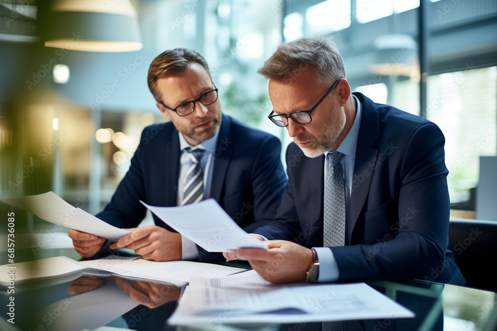 Mature business executive colleagues doing paperwork.