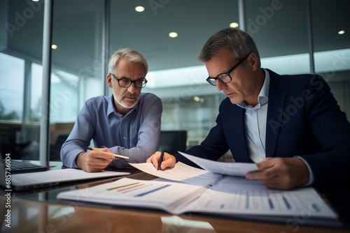 Mature business executive colleagues doing paperwork.