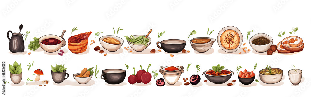 ribbon banner of kitchen utensils in a row of dishes with food, fruits, vegetables in vector style on a light background, minimalism, cartoon design ribbon banner of kitchen utensils in a row of dishes with food, fruits, vegetables in vector style on a light background, minimalism, cartoon design