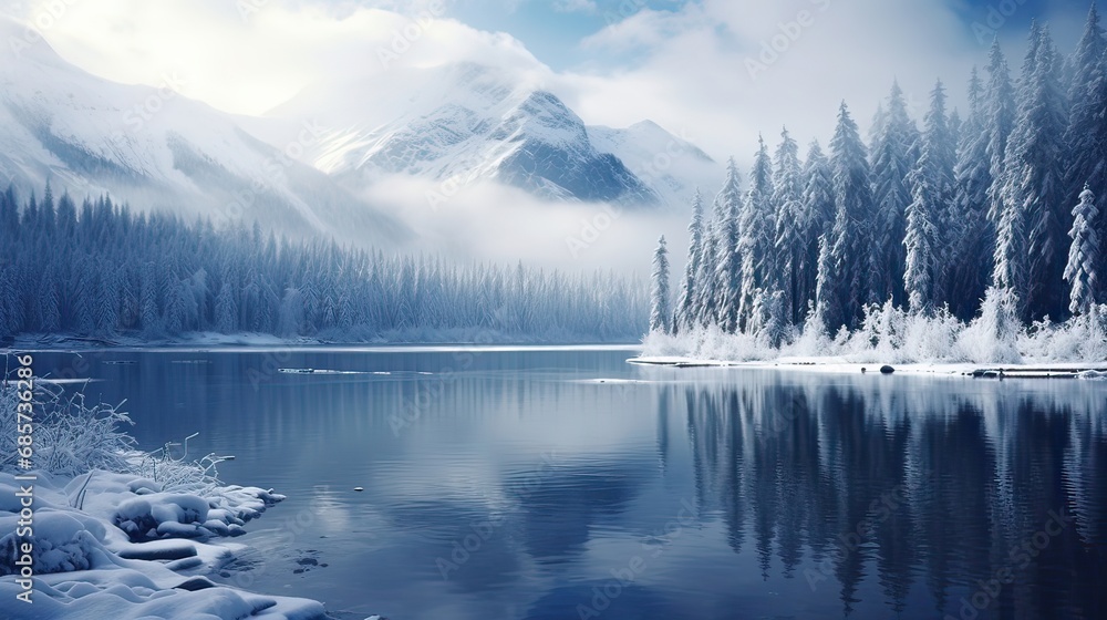 A peaceful frozen lake embraced by the serene charm of a winter wonderland. Snowy scenery, tranquil ice, peaceful waters, winter allure. Generated by AI.