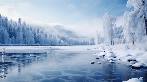 A picturesque frozen lake nestled within a mesmerizing winter scene. Pristine ice, snowy backdrop, tranquil setting, winter allure. Generated by AI © Кирилл Макаров