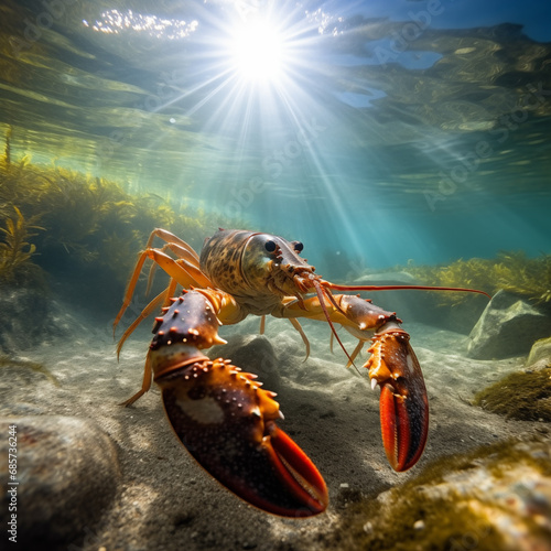 Lobster swimming underwater crawling on ocean bottom. Generative AI