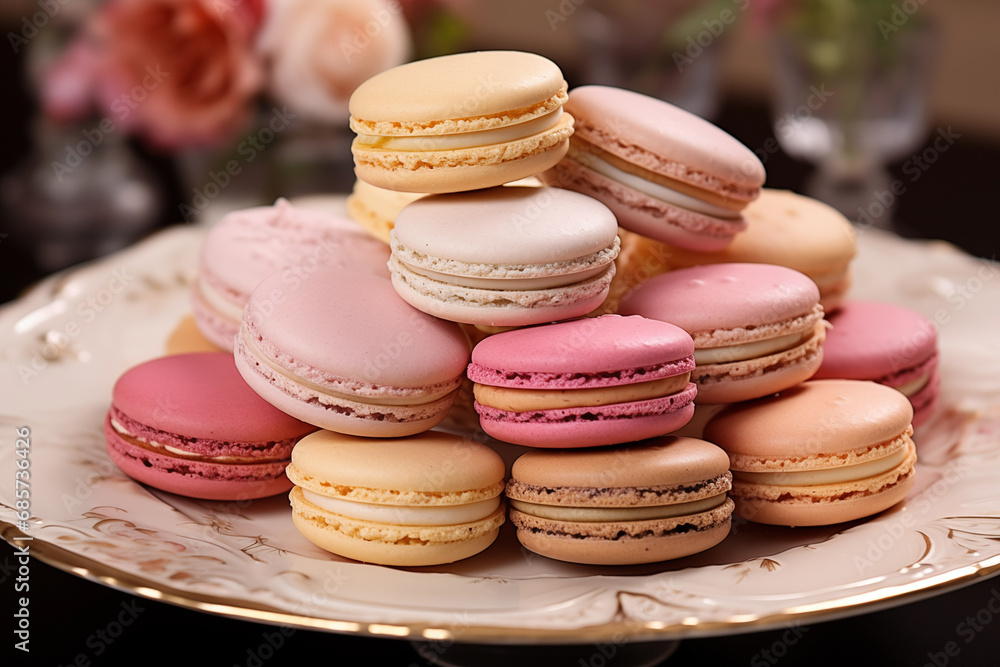 Colorful macaroons cookies on plate. Generative AI Colorful macaroons cookies on plate. Generative AI
