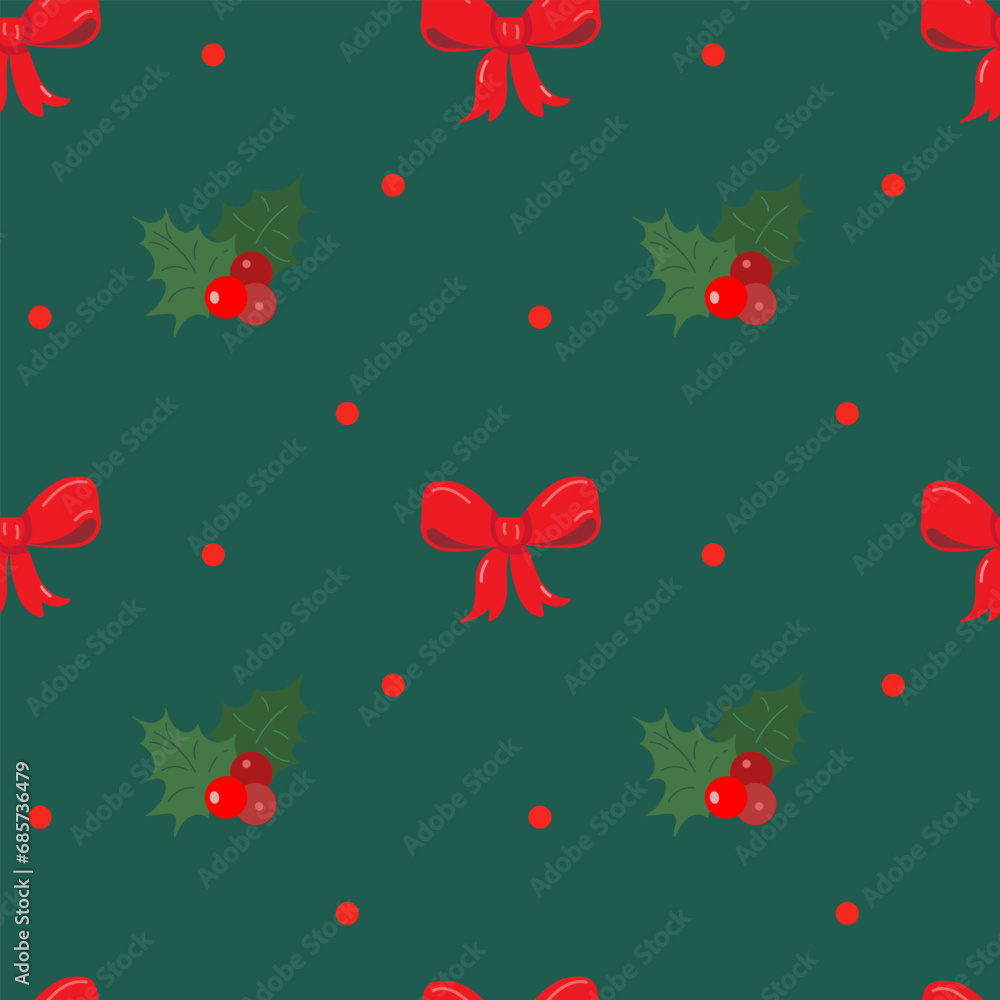 Christmas bow, hollyberry, confetti. Christmas vector seamless pattern. Colorful flat icons on a green background. Christmas bow, hollyberry, confetti. Christmas vector seamless pattern. Colorful flat icons on a green background.