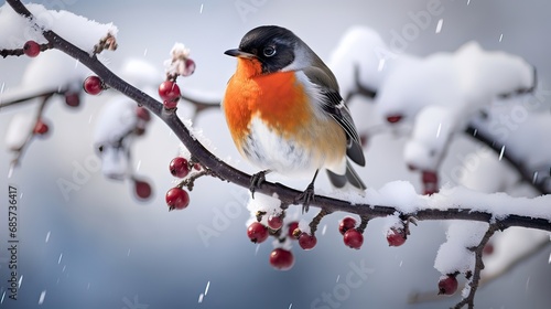 A charming red-breasted robin perched delicately on a snow-draped branch. Winter bird, snow-covered scene, nature's beauty, avian elegance. Generated by AI.