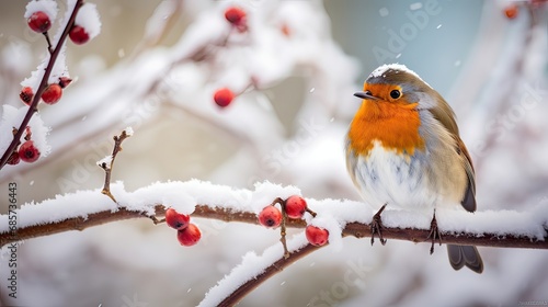 An enchanting red-breasted robin rests gracefully on a branch adorned with snow. Snowy perch, wintertime bird, natural elegance, snowy landscape. Generated by AI.