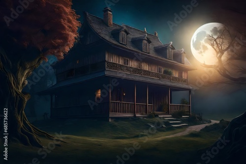 Banner design concept with a mysterious environment featuring a house, moon, and large tree illustration. Vector-based artwork.