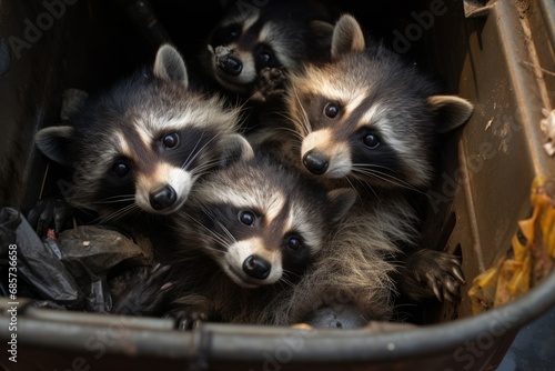 Prankster raccoons in a trash can looking for food close-up