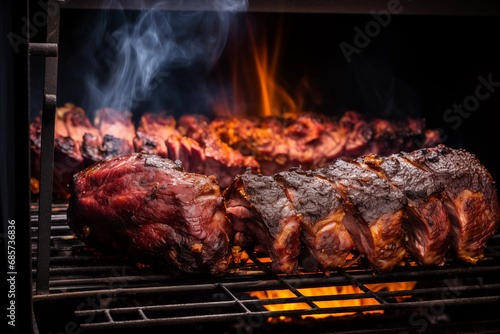 Grilled beef meat on fire. Generative AI