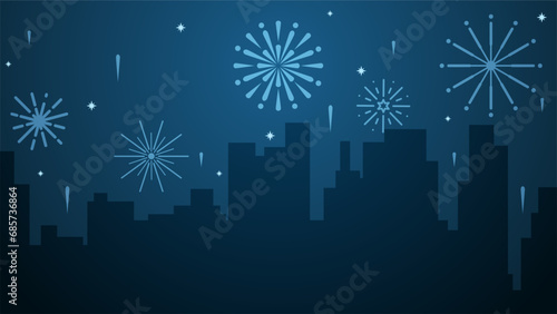 New year cityscape vector illustration. Scenery of city with sparkling fireworks in new year event. City panorama for illustration, background or wallpaper. City silhouette in the firework festival