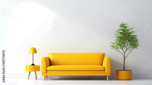 A yellow couch and a table with a plant and a lamp on it and a white wall behind it photo