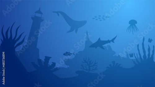 Seascape vector illustration. Scenery of sunken lighthouse and shipwreck at the bottom of the sea. Underwater panorama for illustration, background or wallpaper