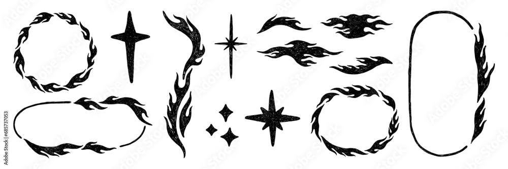 Set of hand drawn y2k style flame elements, star, fire frame. Trendy grunge scrawl icon for stickers. Freehand pencil drawing vector illustration. Set of hand drawn y2k style flame elements, star, fire frame. Trendy grunge scrawl icon for stickers. Freehand pencil drawing vector illustration.
