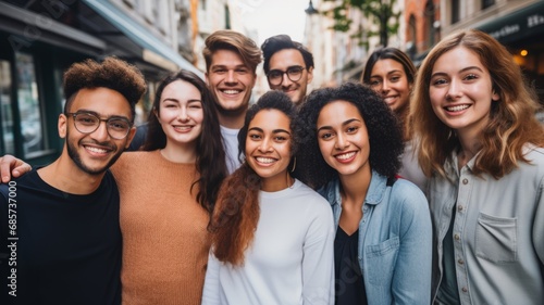 Young diverse group of friends having fun outside the class in the city background. Happy cheerful gen z people take selfie photo at outdoor banner.